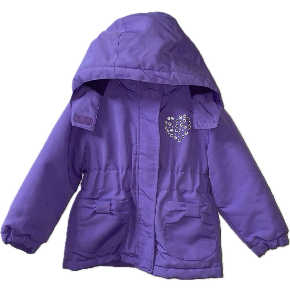Wonderkids Girls 3T Purple Winter Coat Hooded Puffer Rhinestone Heart Bow Pocket